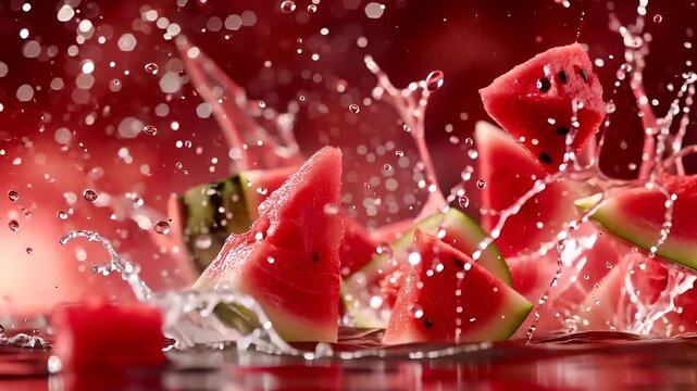 watermelon splashing into water with bubbles and splashes on a red backgroundwatermelon splash wallpaper hd wallpapers free download.
