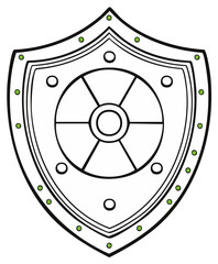 Obraz premium Fantasy warrior shield with a wheel emblem line drawing for protection and security