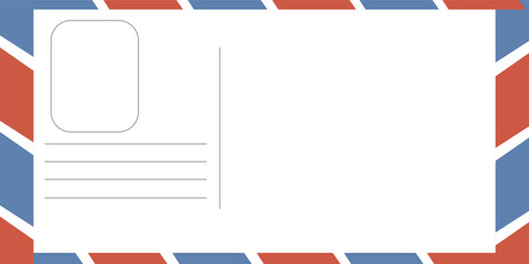 blank postcard template with place for stamp. white paper texture. airmail postcard with red and blue border