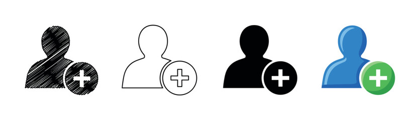 Fototapeta premium Set of add user icons in various styles including hand-drawn sketch, outline, solid silhouette, and color for new contact or friend request,