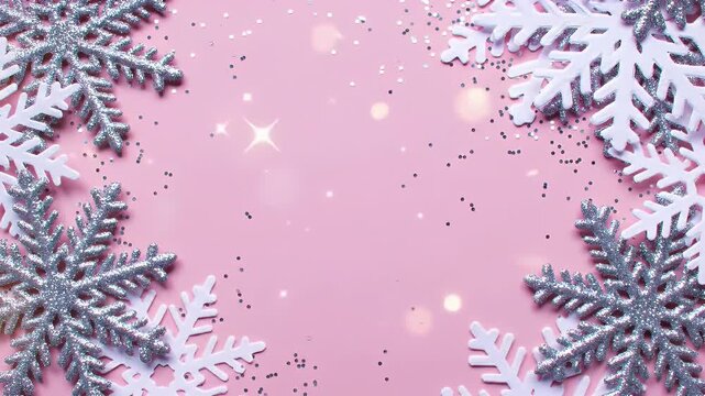Soft Pastel Pink Winter Scene Framed by Silver Snowflakes and Glowing Orbs