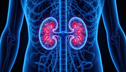 Detailed kidney anatomy illustration with vibrant red and blue tones shows human organ health and function for medical or educational purposes