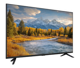 Modern smart television displaying stunning autumn mountain landscape nature scene isolated on a transparent background
