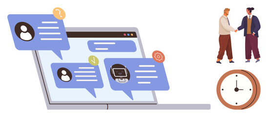 Laptop with chat icons and user avatars, two people shaking hands, clock for time context. Ideal for collaboration, business communication, teamwork, customer service, time management, partnerships
