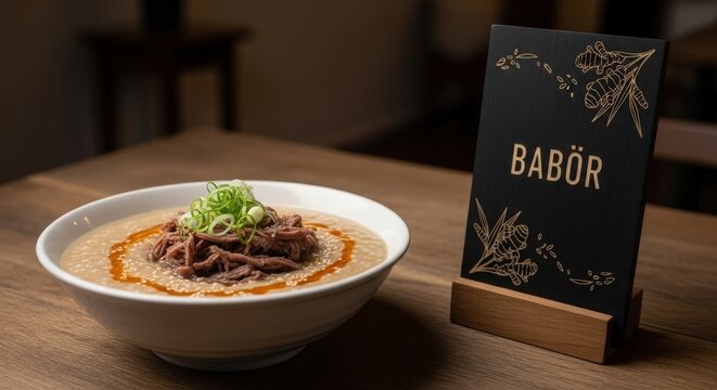 Babor &ndash; Cambodian Beef Porridge with Ginger, Koki Wood "BABOR" Sign & Rice Grain Motifs 