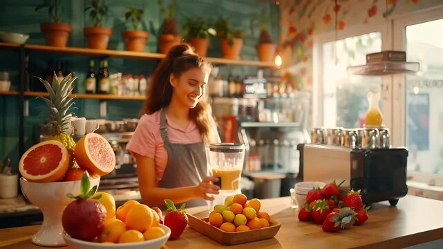 A woman in a pink shirt and gray apron is making a smoothie in a kitchen setting. The kitchen is welllit with natural light, highlighting the vibrant colors of the fruits and vegetables.