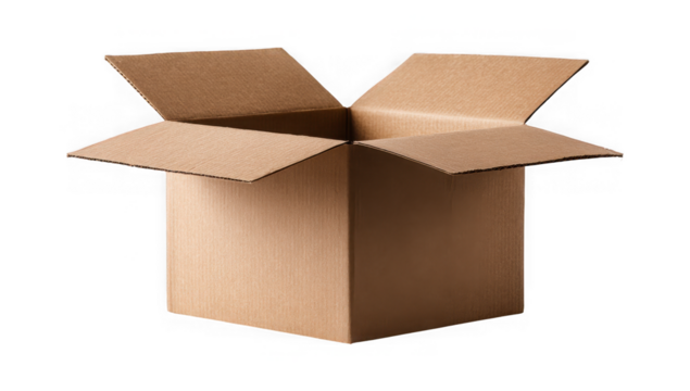 Versatile cardboard box, open and ready for shipping, moving or creative storage isolated on a transparent background