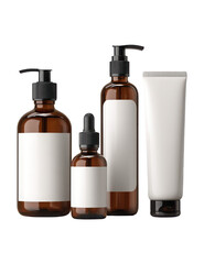 Amber bottles with labels showcase organic skincare and luxurious cosmetic containers isolated on a transparent background