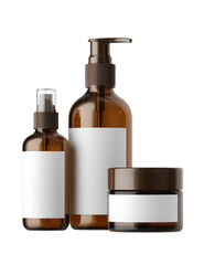 Elegant amber glass cosmetic bottles with blank labels for your brand advertising isolated on a transparent background