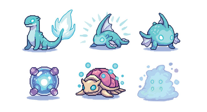 Set of six cute pixel art fantasy water creatures showing various characters like a dragon, turtle, and slime, designed in a retro 8-bit video game style and