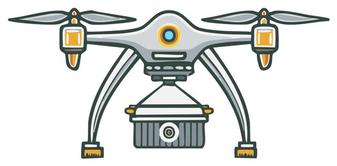 Fototapeta premium Cartoon drone carrying a delivery package with rotors spinning and a camera lens