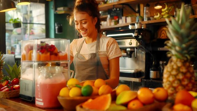 A woman in an apron is preparing food in a kitchen. The woman is wearing a white shirt and has her hair tied up in a bun.