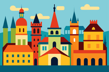 Fototapeta premium Colorful flat design european cityscape with tall buildings and towers