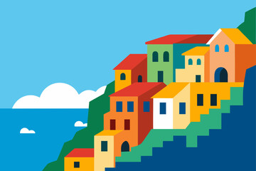 Colorful mediterranean village on a steep hillside overlooking the sea