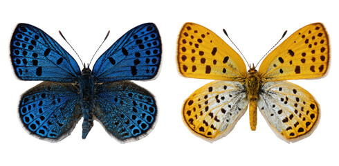 Two beautiful butterflies, one blue and spotted, the other yellow and spotted, vibrant isolated on a transparent background