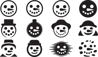 Assortment of Black and White Snowman Face Icons and Variations winter