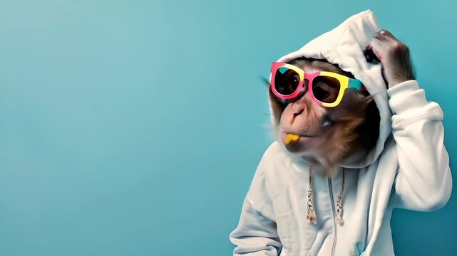 A monkey in a white hoodie and sunglasses plays with a banana against a turquoise background. The monkeys face is partially obscured by a pair of pinktinted sunglasses.
