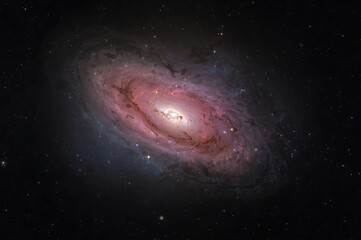 Obraz premium Vast spiral galaxy with glowing pink and blue hues against the dark cosmic expanse