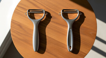 Shiny Metal Y Peeler Kitchen Utensils Food Preparation Cooking Tools on Wooden Board