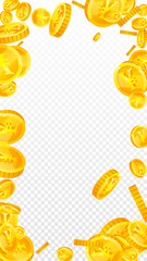Chinese yuan coins falling. Scattered gold CNY