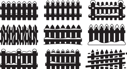 Assortment of Black Silhouette Picket Fence Icons with Snow winter christmas