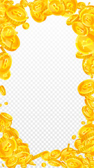 Bitcoin coins falling. Cryptocurrency scattered