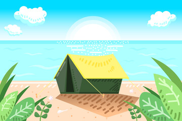 Summer seascape with tent on beach and leaf foreground, sunrise on blue sky background.