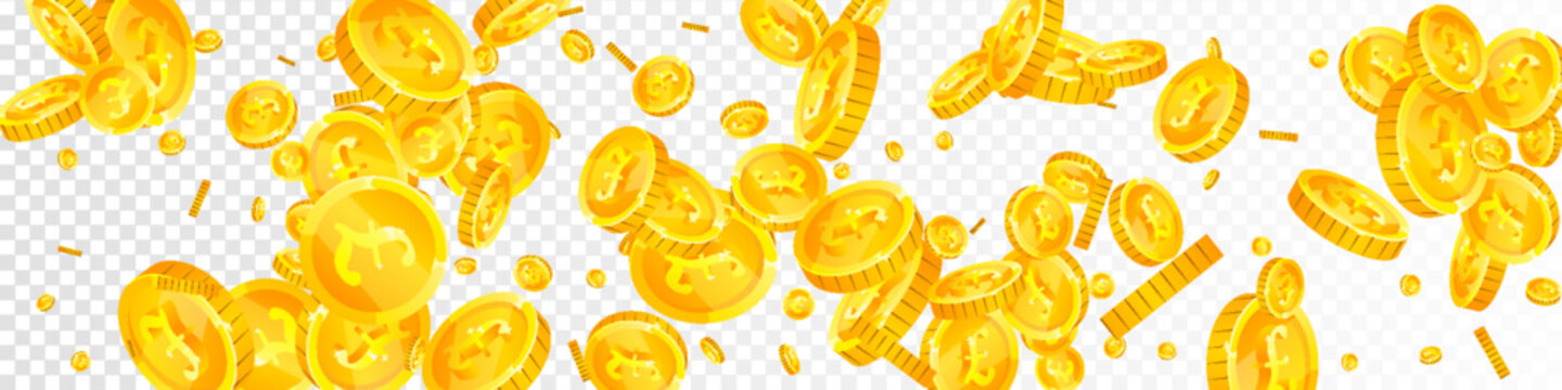 British pound coins falling. Scattered gold GBP