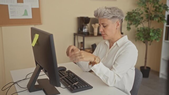 Woman removes glasses at office desk by computer monitor against corkboard in modern office building; work stress.