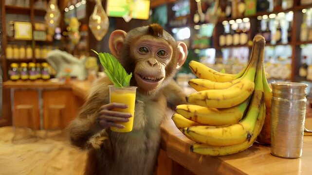 A monkey in a bar setting, holding a glass of orange juice and a bunch of bananas.