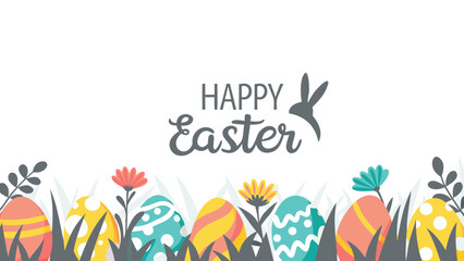 Happy easter greeting with colorful decorated eggs and spring flowers in a grassy field with a silhouette of a bunny