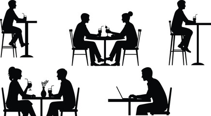 Café silhouette illustration, people sitting at tables, drinking, working, social interaction, restaurant scene, black vector graphic, indoor activity