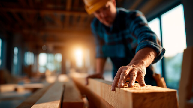 Faceless interior decorator performing intricate wood work carpentry defocused house renovation background with lumber carpentry project execution home improvement craftsmanship