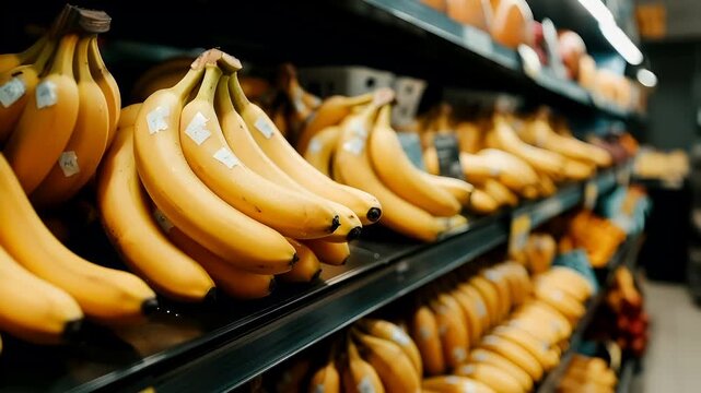 A closeup shot of a grocery store shelf filled with bananas and other fruits. The bananas are yellow with white stickers on their skin, and they are displayed in a row on the shelf.
