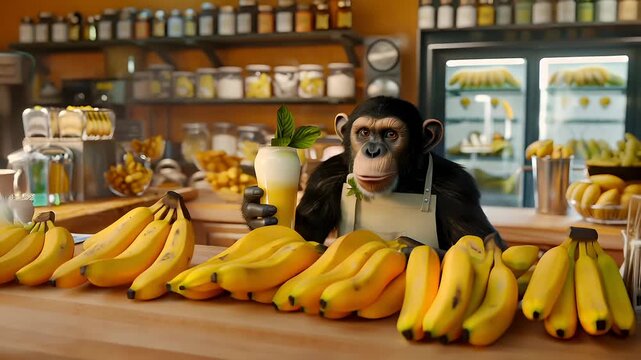 A stylized, 3D rendered scene featuring a monkey in a grocery store setting. The monkey is depicted with a glass of milkshake, and theres a green leafy decoration on the monkeys apron.