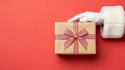 Santa Claus's hand holding a festive gift box