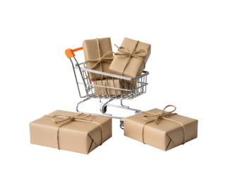 E-commerce Delivery & Gifts: Mini Shopping Cart with Kraft Wrapped Parcels for Retail Shipping on white background