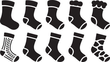 Ten Black Silhouette Icons of Assorted Christmas Stockings Keywords: christmas, stocking, holiday, gift, decoration, winter, festive, present, hanging, design, icon, silhouette, graphic