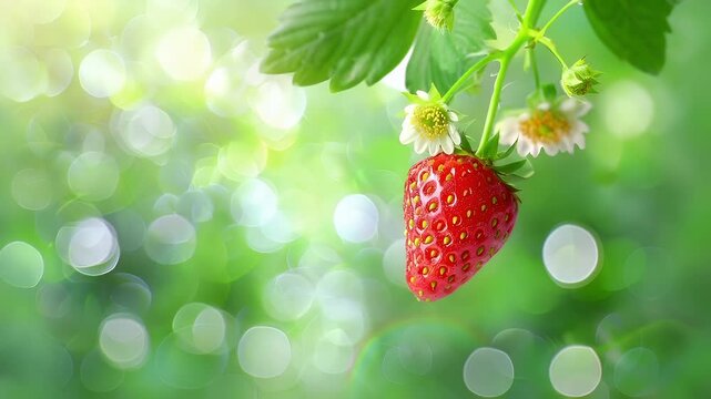 A closeup of a ripe strawberry on a stem. The strawberry is vibrant red with yellow seeds. The background is a soft green with bokeh effects, giving the image a dreamy and ethereal feel.