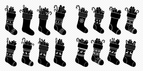 Set of black silhouette Christmas stockings filled with gifts and candy canes, holiday season celebration.
