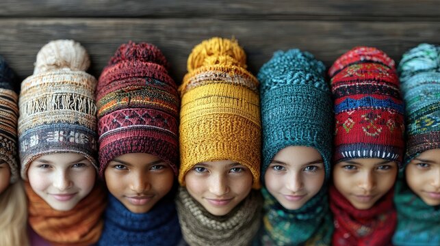A close-up shot of a group of children wearing colorful knitted hats and scarves, smiling at the camera. The image has warm tones and a cozy feel. - Powered by Adobe