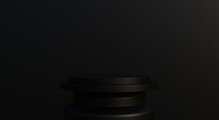 Black podium, black background for advertising popular high quality technology products. 3D illustration.