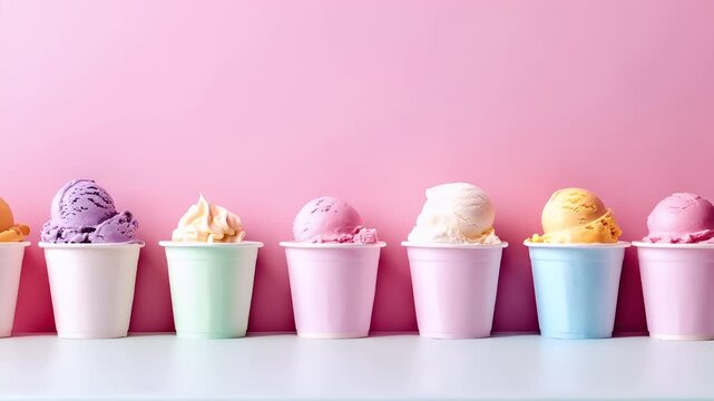 A row of ice cream containers against a pink backdrop. The containers are of varying sizes and colors, with the closest container being white and the others in pastel shades of pink, blue.