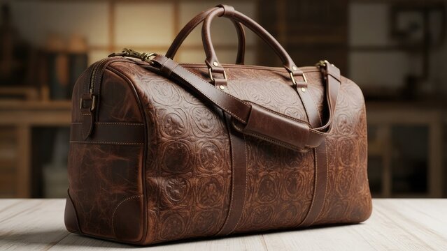 Vintage genuine leather travel duffel bag with patterned texture