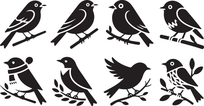 Collection of eight black silhouette bird icons on branches Keywords: bird, silhouette, icon, vector, branch, nature, animal, avian, perched, twig, wing, feather, beak, eye, simple, graphic