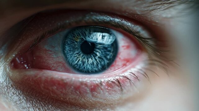 Close up of a human eye with red bloodshot veins showing irritation and conjunctivitis infection