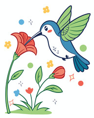 Colorful Hummingbird Drinking Nectar from Flower – Vector Illustration