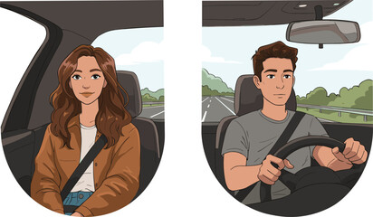 Young man driving car and woman sitting in passenger seat with seat belts, safe travel, transportation, road trip lifestyle vector illustration