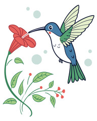 Colorful Hummingbird Drinking Nectar from Flower – Vector Illustration