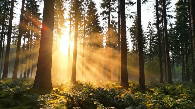 Beautiful golden hour light beams filtering through a dense pine forest canopy with morning fog rising from the forest floor filtering through a dense pine forest, inspiration, spiritual